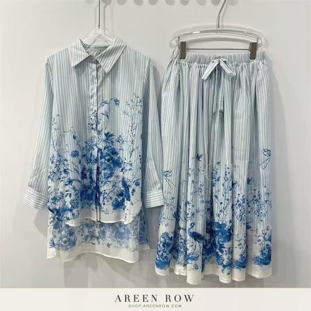 Porcelain Floral Shirt & Pleated Skirt Set