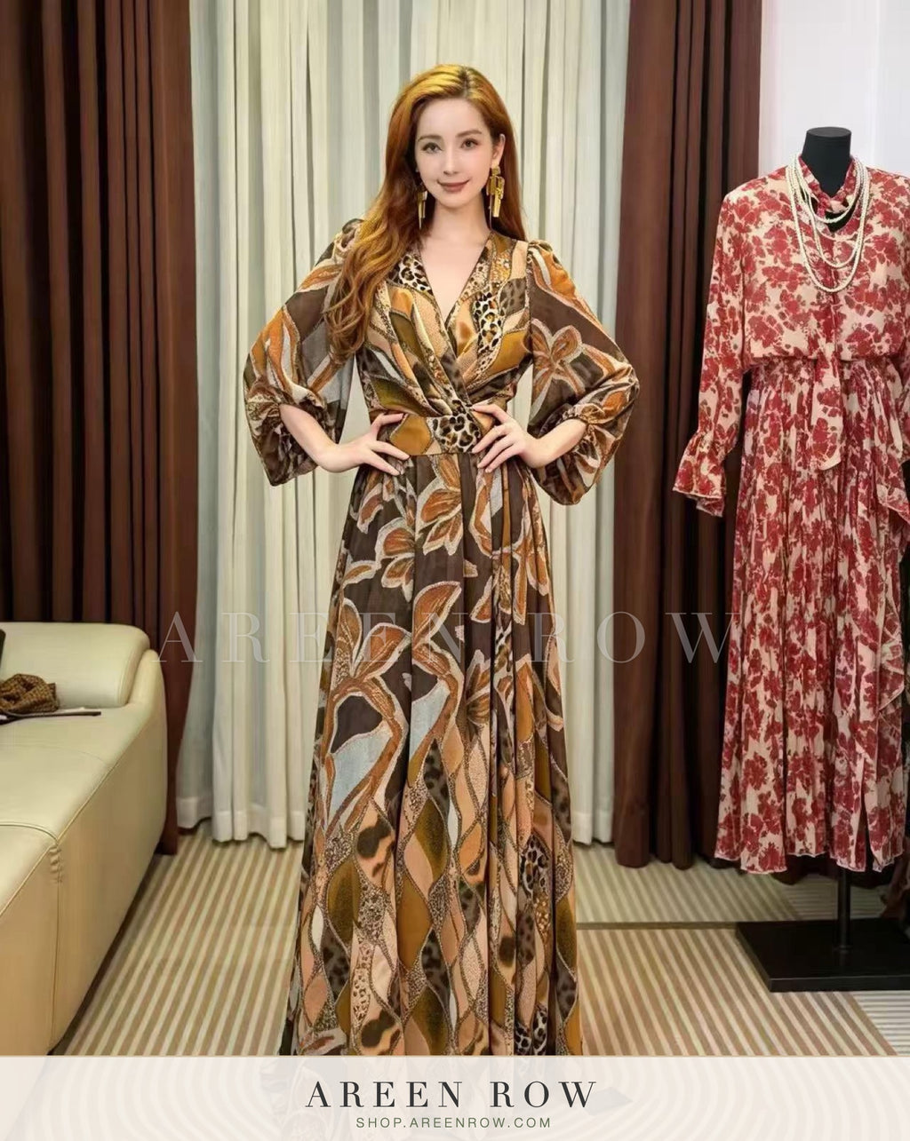 Leila Leaf-Print Belted Maxi Dress