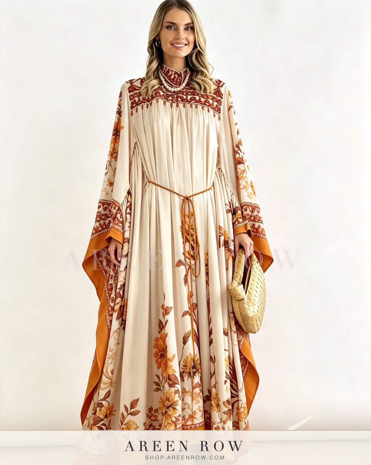 Farah Border-Print Belted Kaftan
