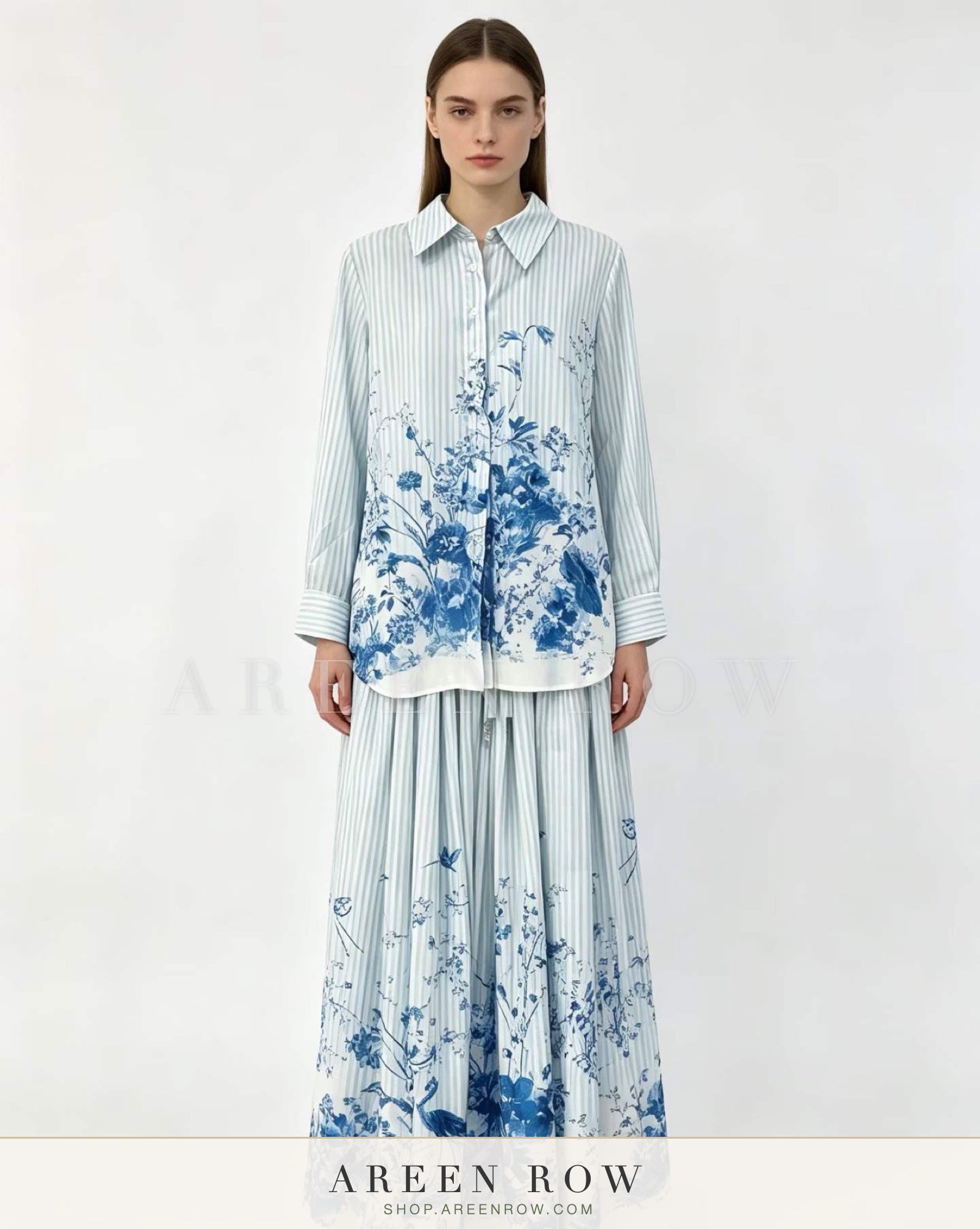 Porcelain Floral Shirt & Pleated Skirt Set