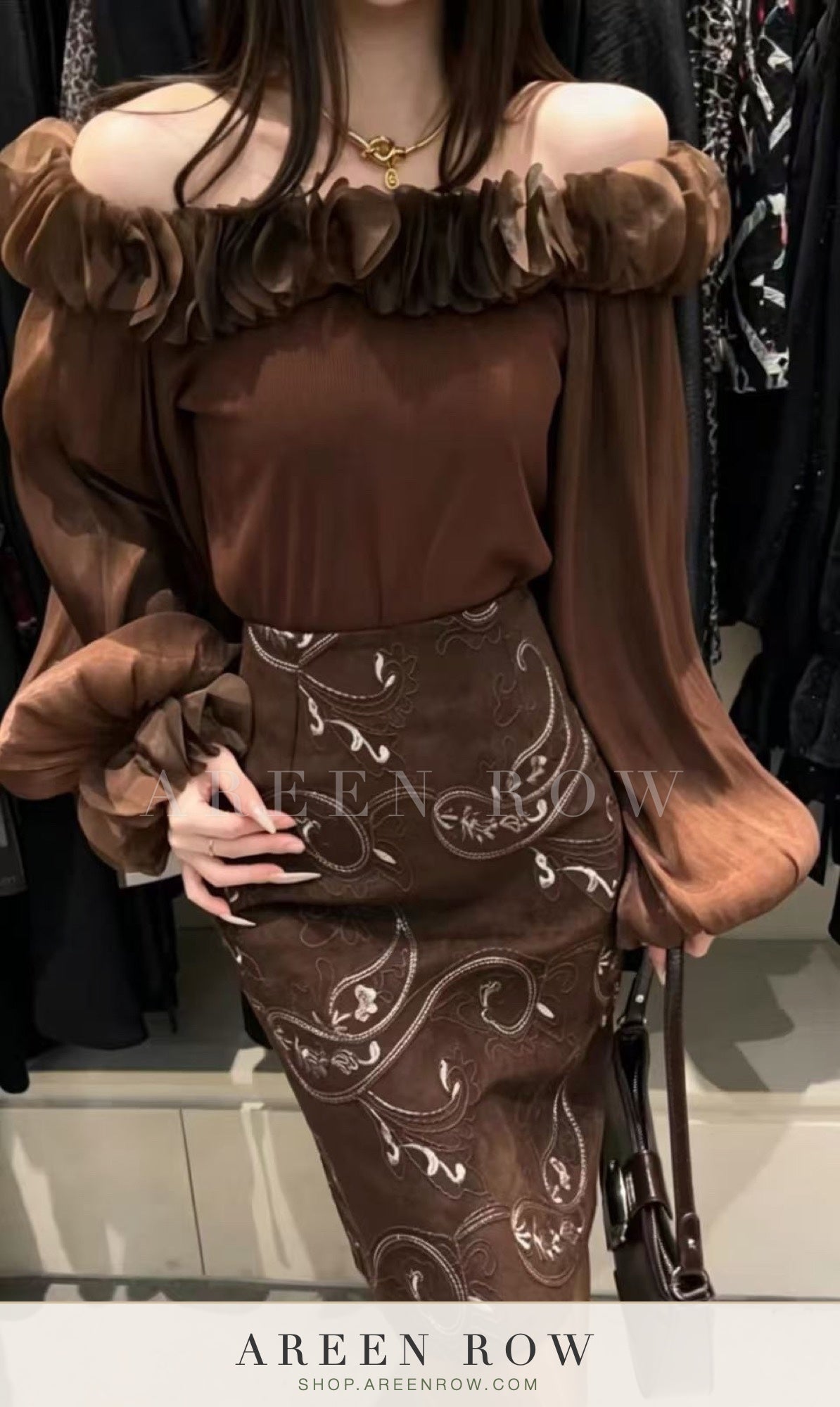 Lana Off-Shoulder Blouse & Embroidered Skirt Set
