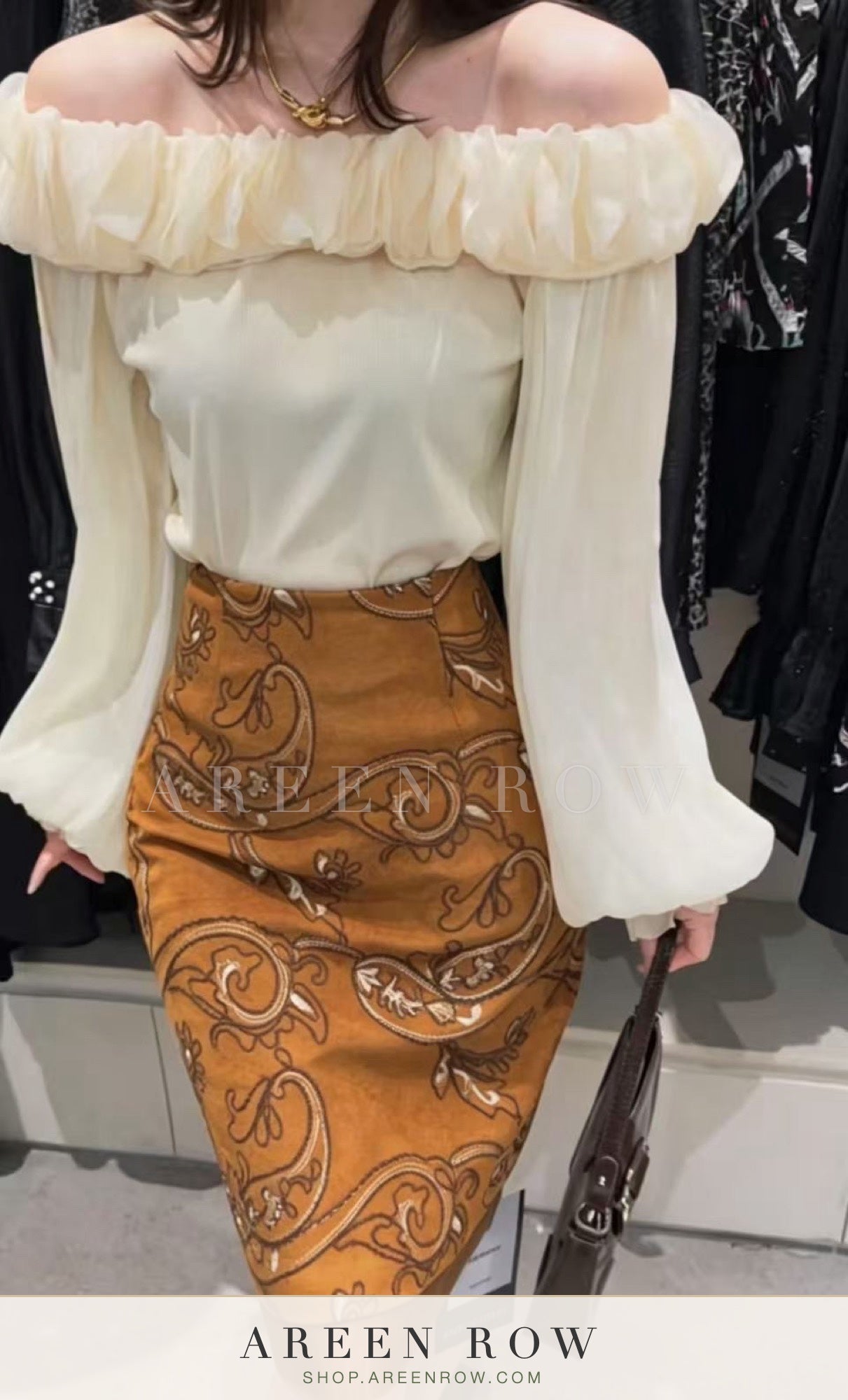 Lana Off-Shoulder Blouse & Embroidered Skirt Set