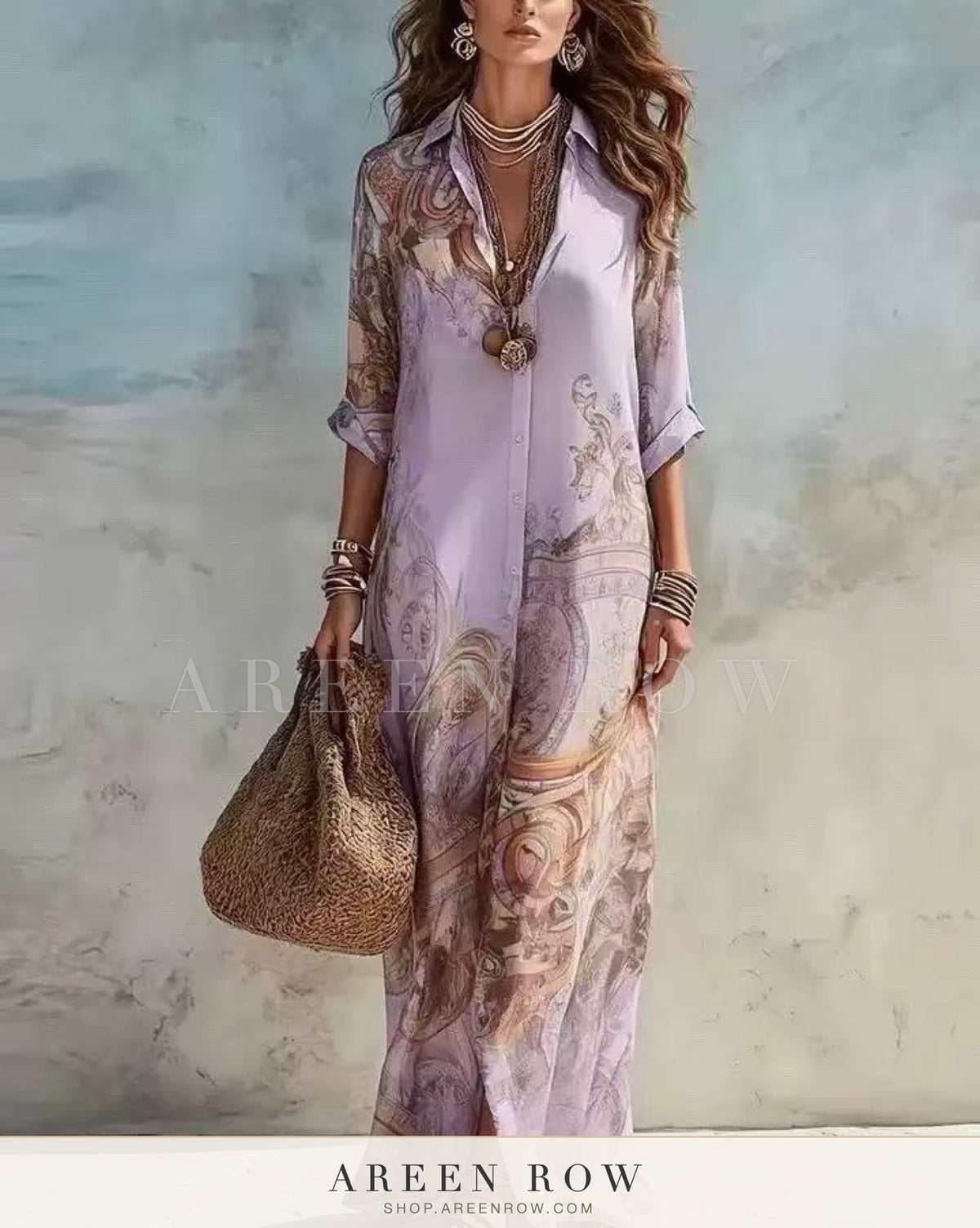 Serene Watercolor Maxi Shirt Dress
