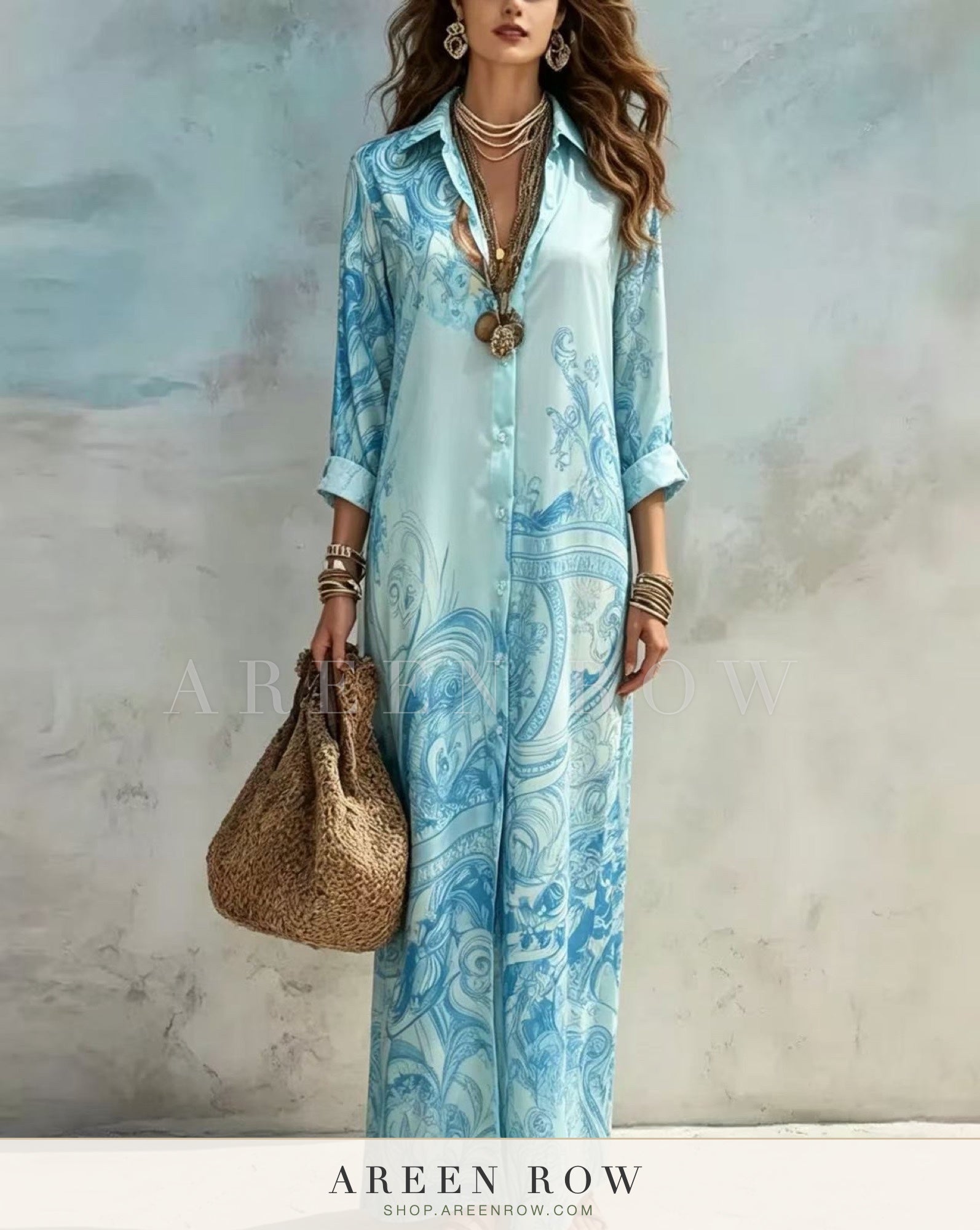 Serene Watercolor Maxi Shirt Dress