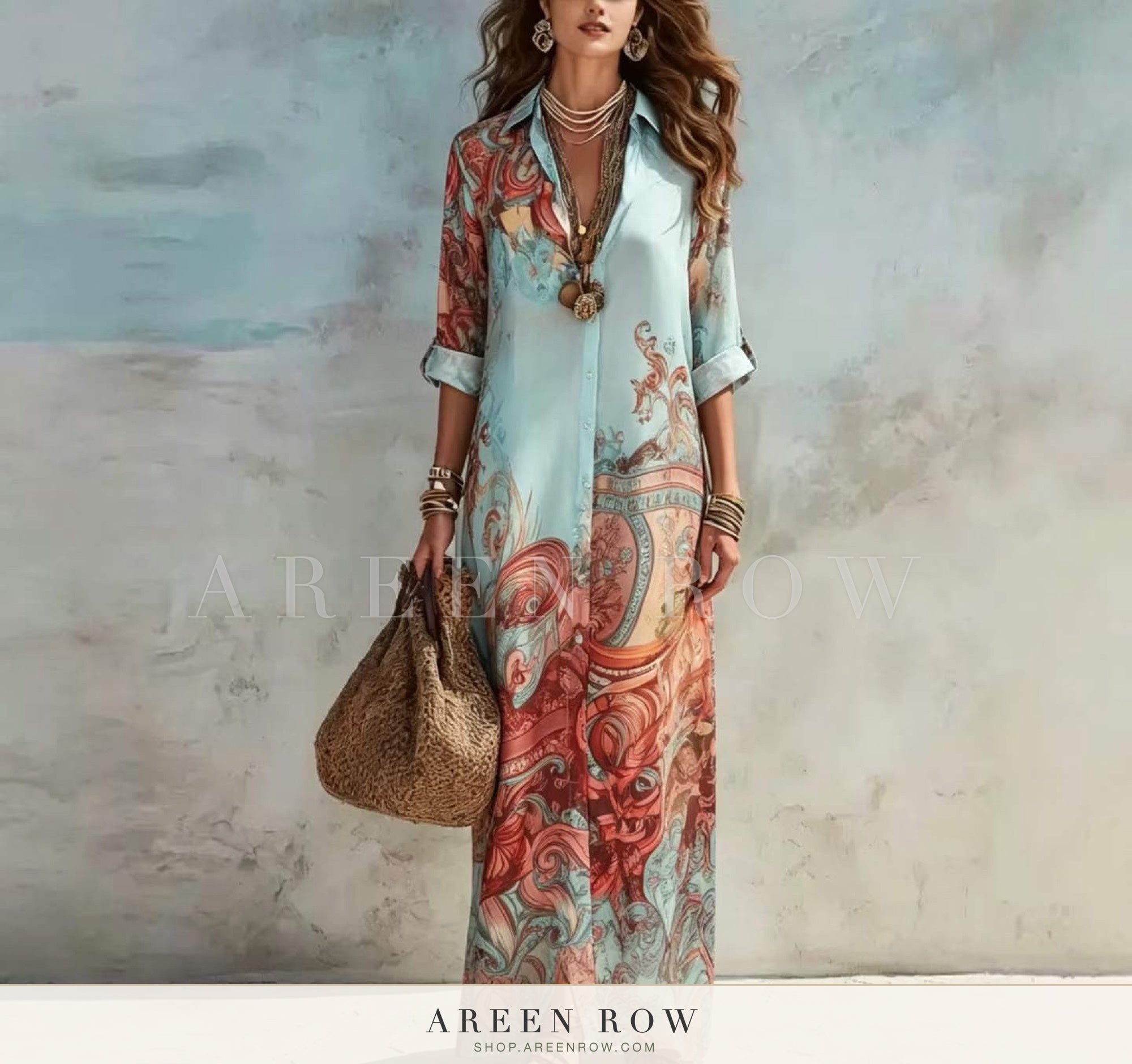 Serene Watercolor Maxi Shirt Dress