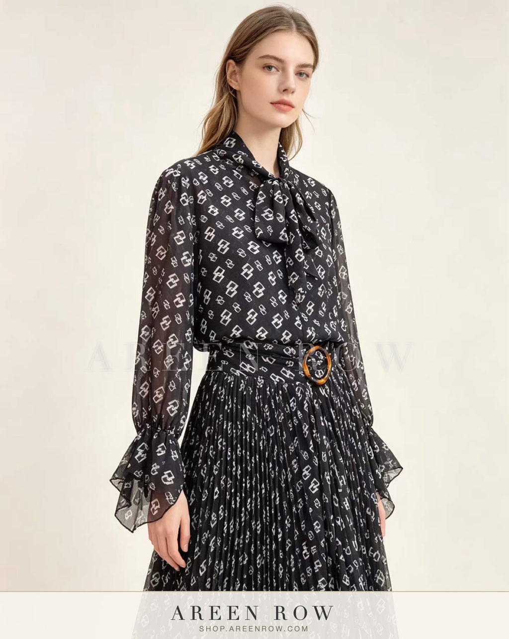 Maya Bow Blouse & Pleated Skirt Set