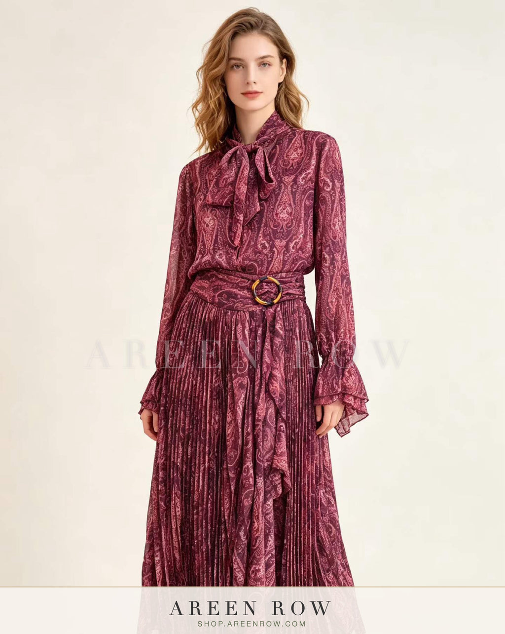 Maya Bow Blouse & Pleated Skirt Set